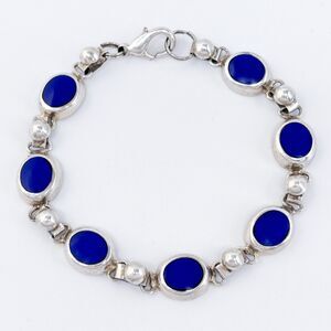Vintage Silver Plated Lapis Lazuli Link Bracelet 7.5"